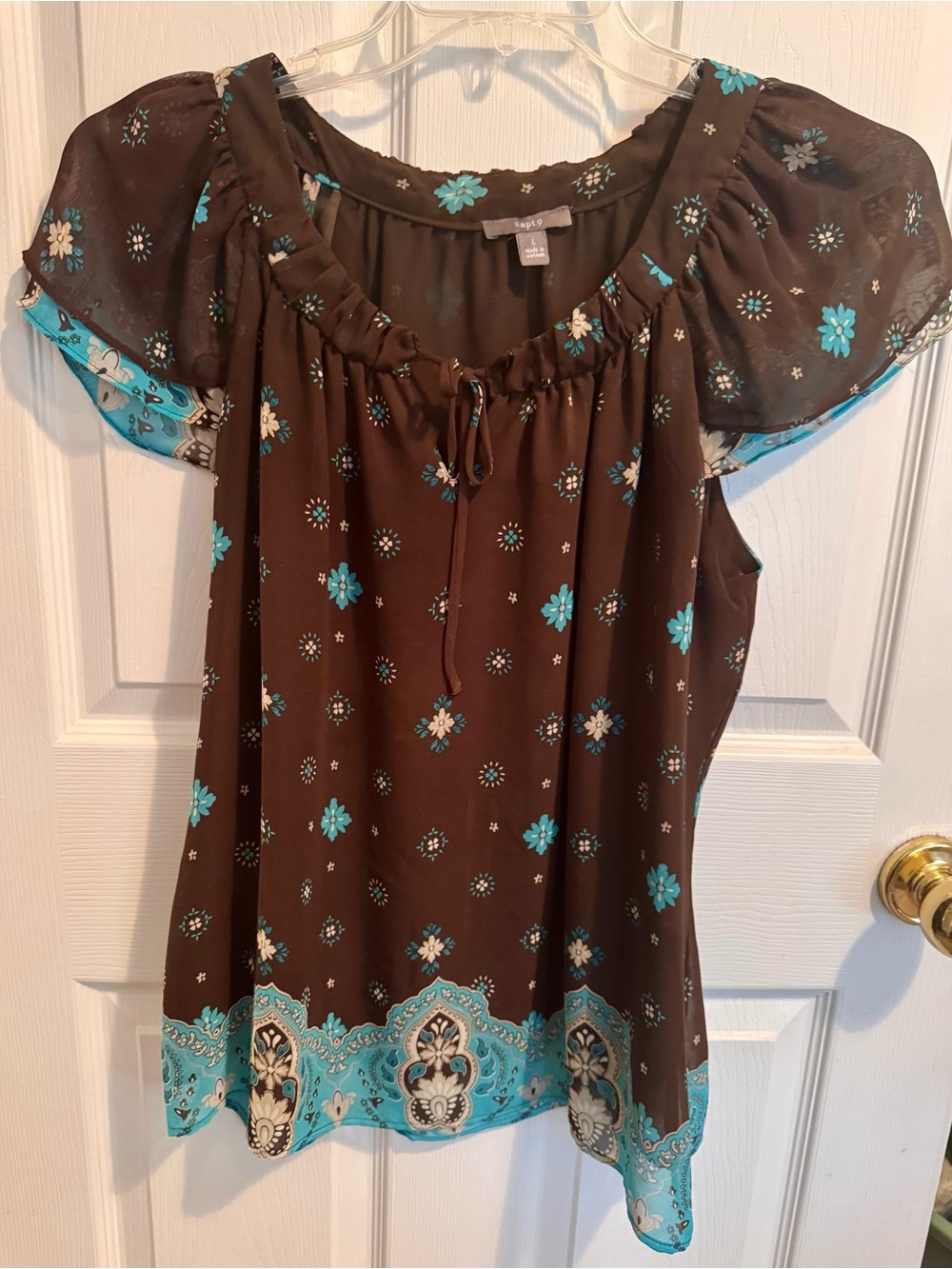 Apt. 9 Brown Top with Turquoise Floral Border